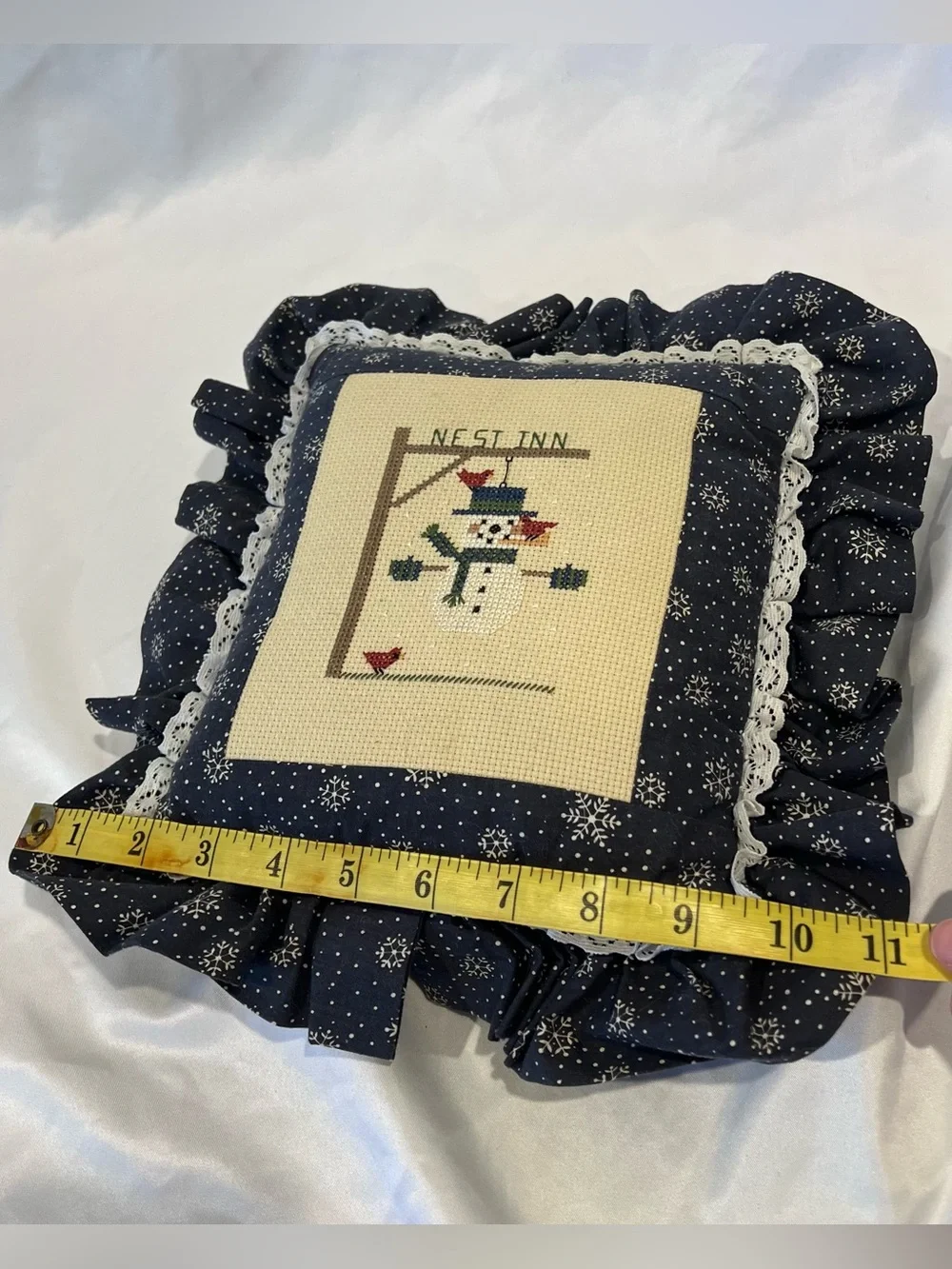 Handmade Christmas Snowman Cross Stitch Pillow Country Primitive Decor